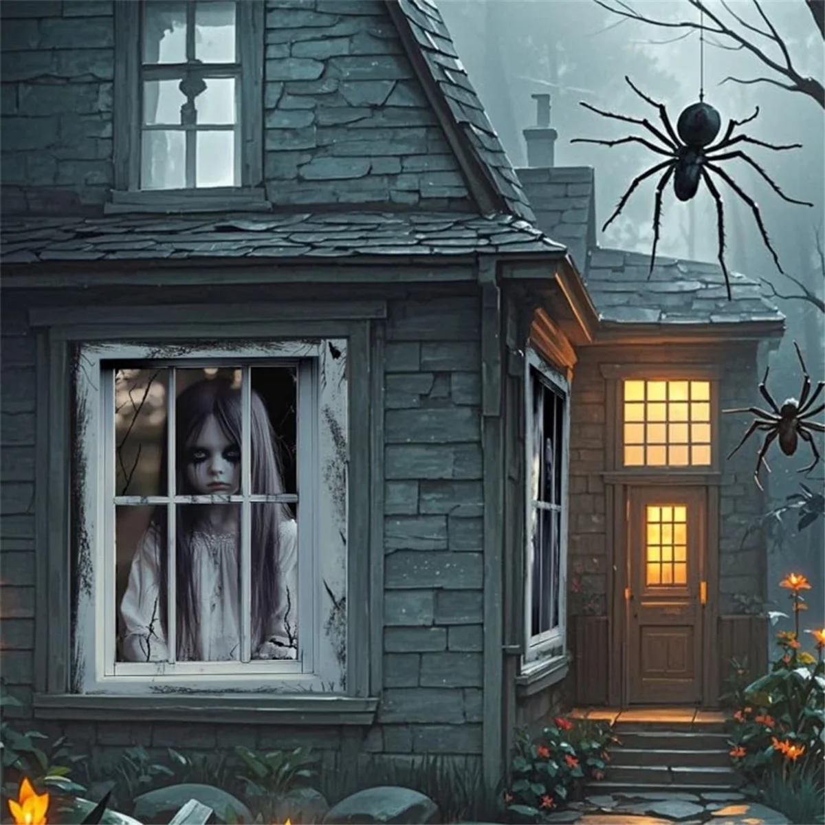 2025年+ 2パック ハロウィン ウィンドウデコレーション 女性ゴースト ハロウィン ウィンドウ ホラー 女性ゴースト ドール カーテンセット