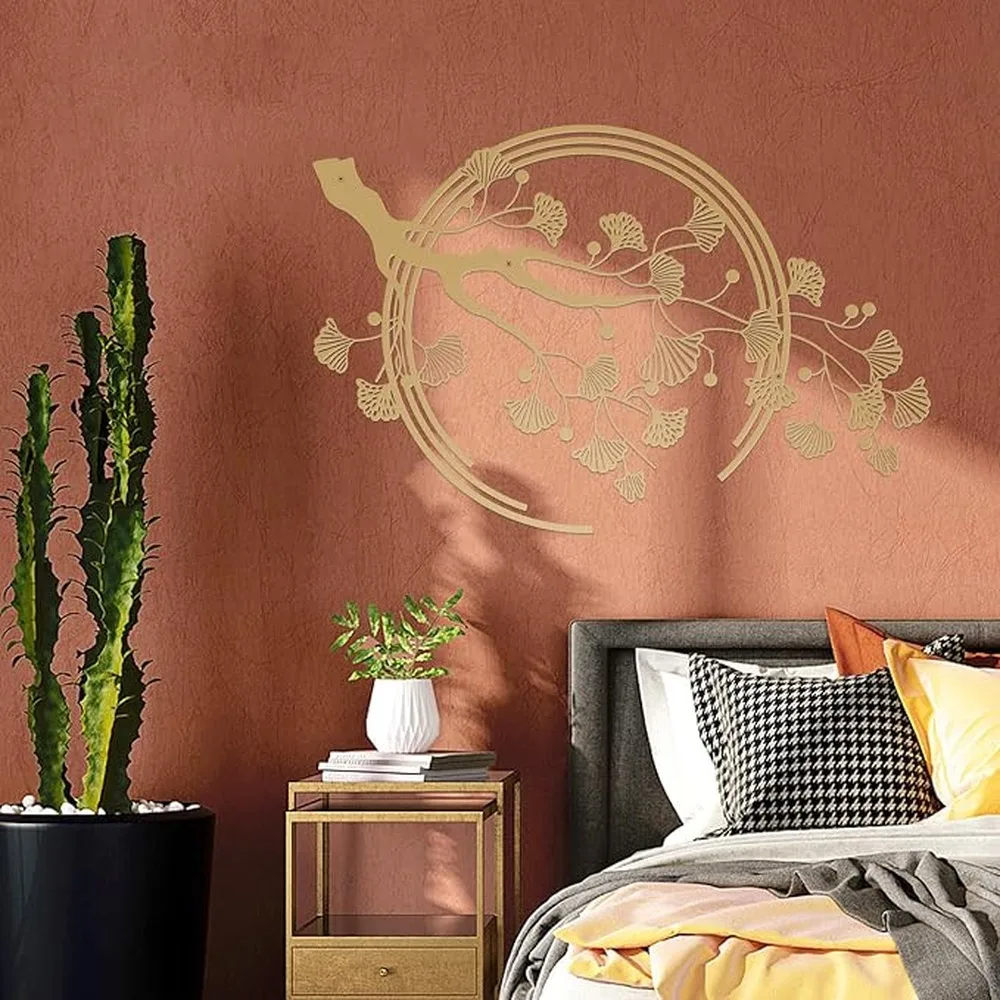 Metal Wall Art Ginkgo Decor Iron Wall Hanging Gold Ornament Sculpture Elegant