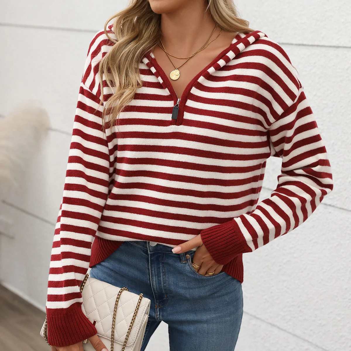 V-neck Striped Pullover Knit Sweater New Half-open Zipper Hooded Sweater for Women