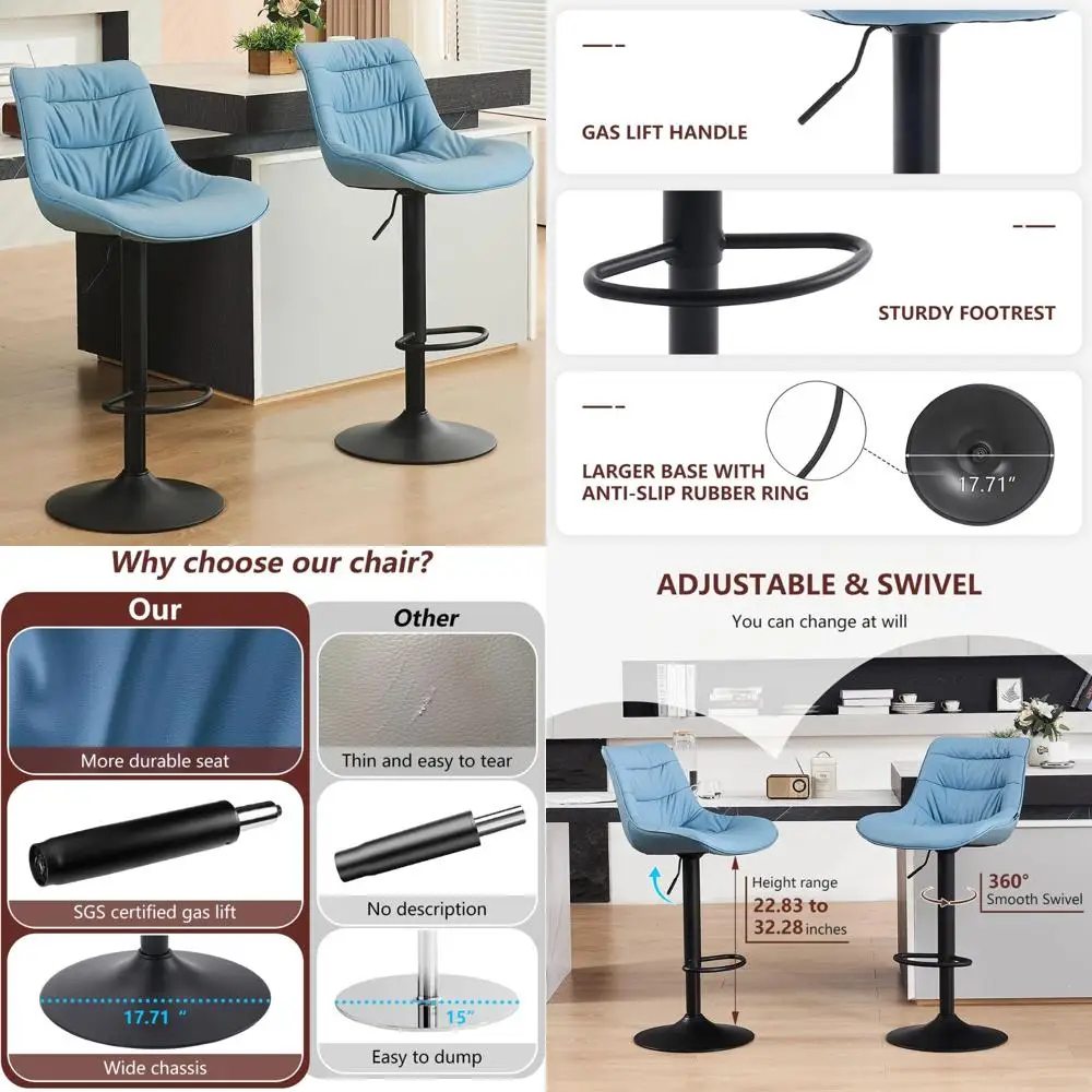 مجموعة مقاعد بارتفاع دوارة قابلة للتعديل باللون الأزرق الحديث مكونة من قطعتين مع تنجيد من جلد البولي يوريثان ودعم الظهر #1