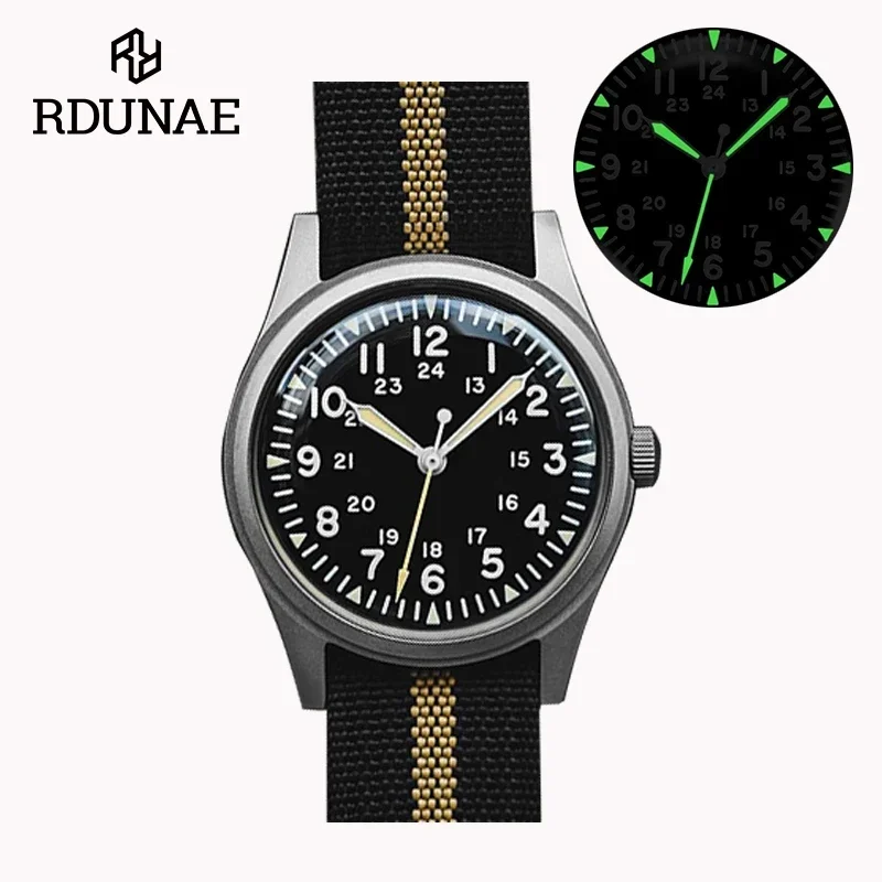 RDUNAE RA03 Retro Military Watch 34.5mm Frosted Stainless Steel K1 Mineral Crystal Luminous Quartz Fashion Men\'s Pilot Watch