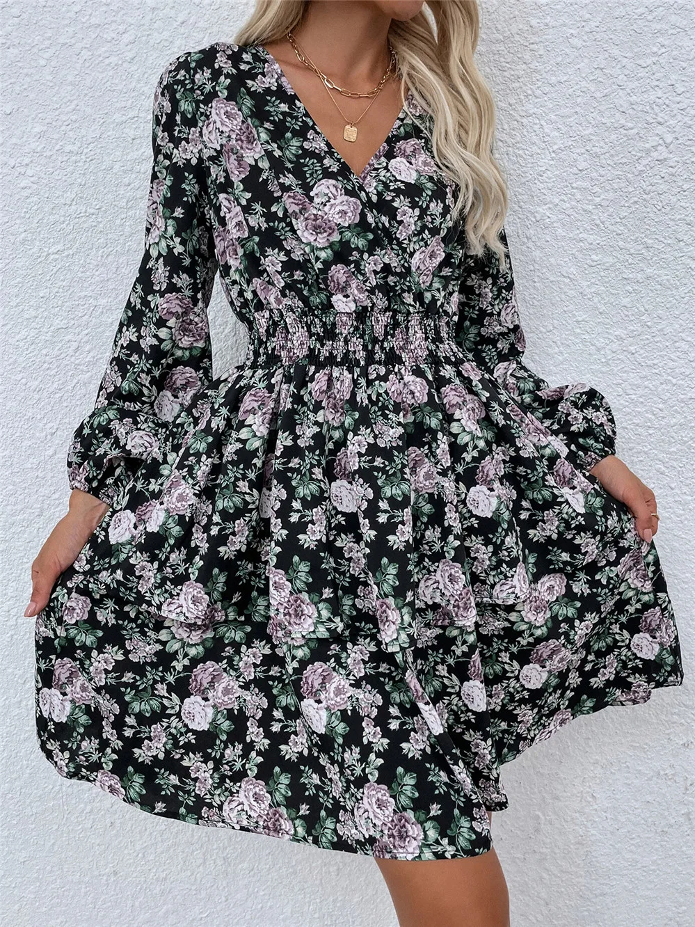 Msfilia Women's Spring Fall V Neck Long Sleeve Floral A Line Dress For Ladies Fashion Puff Sleeve Printed All Match Waist Dress