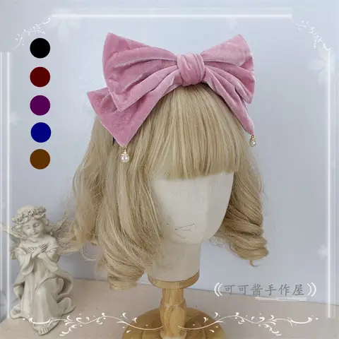 벨벳 활 머리띠, KC 로리타 머리띠, 헤어 액세서리, 페어리 벨벳 리본, 와인 레드 블랙 로리타