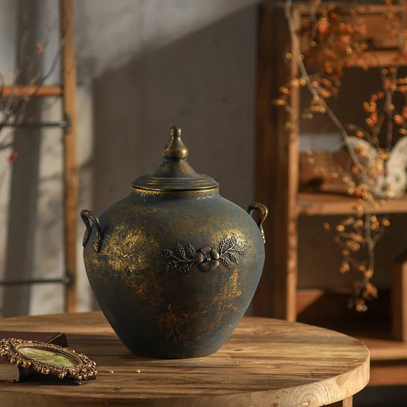 Antique Blue Gold Iron Jar, Lidded Decorative Vase, Vintage Flower Pot, Embossed Floral, 36CM, Rustic Home Decor