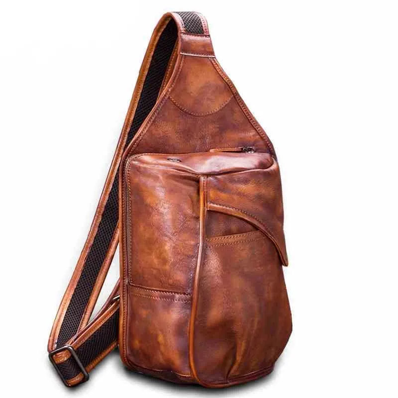 Vintage Leather Men's Chest Bag Shoulder Messenger Bags First Layer Cowhide Male Men Large Capacity Verticle Square Slit Pocket