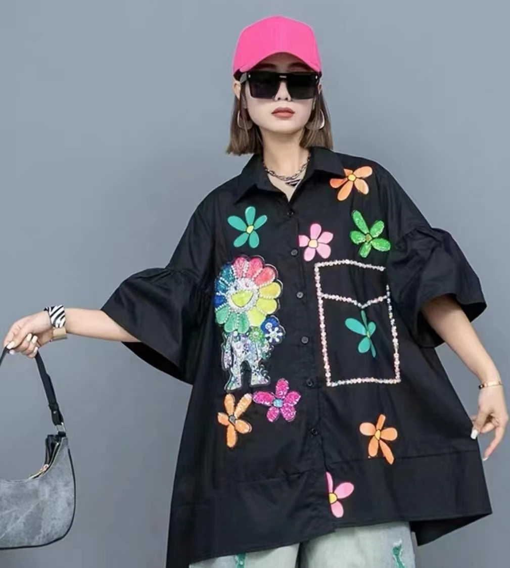 New Oversized Shirt Women Sunflowers Sequins Print Cartoon Beadings Flare Sleeve Tops Blouse Feminina Blouses Women Shirts NZ97