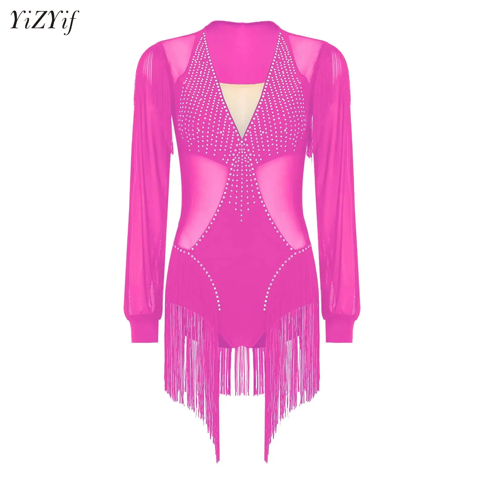 

Women Sheer Mesh Tassel Latin Dance Leotard Long Sleeve Ffinged Leotard Dress for Figure Skating Ballet Performance Competition