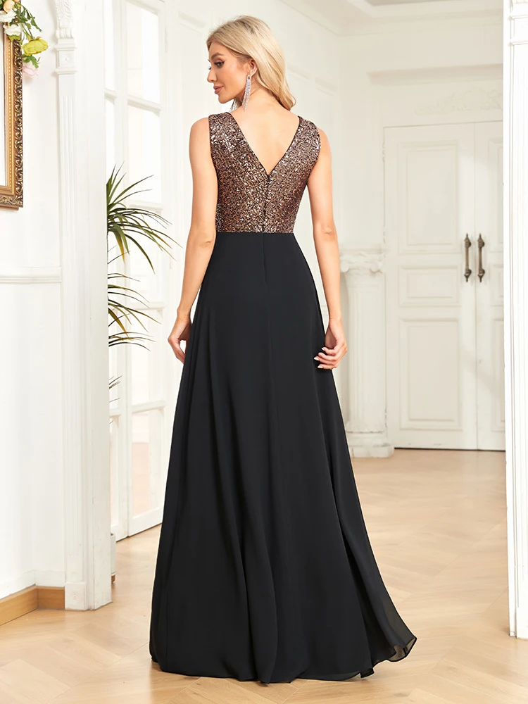 XUIBOL Elegant Black Sequin Evening Dresses Long 2024 Luxury Chiffon Sleeveless Maxi Dress Family Gathering Party Long Prom