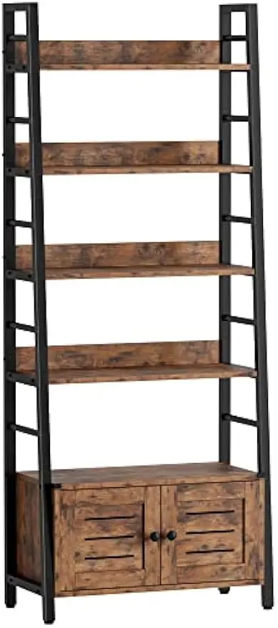 

Bookshelf with Louvered Doors, 4-Tier Ladder Shelf with Cabinet Industrial Accent