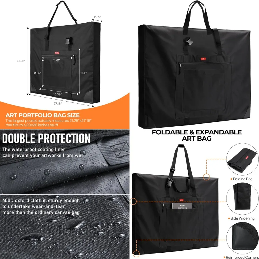 حافظة فنية كبيرة الحجم للفنانين مع زوايا جلدية وتصميم توسيع جانبي ومحفظة تخزين مقاومة للماء