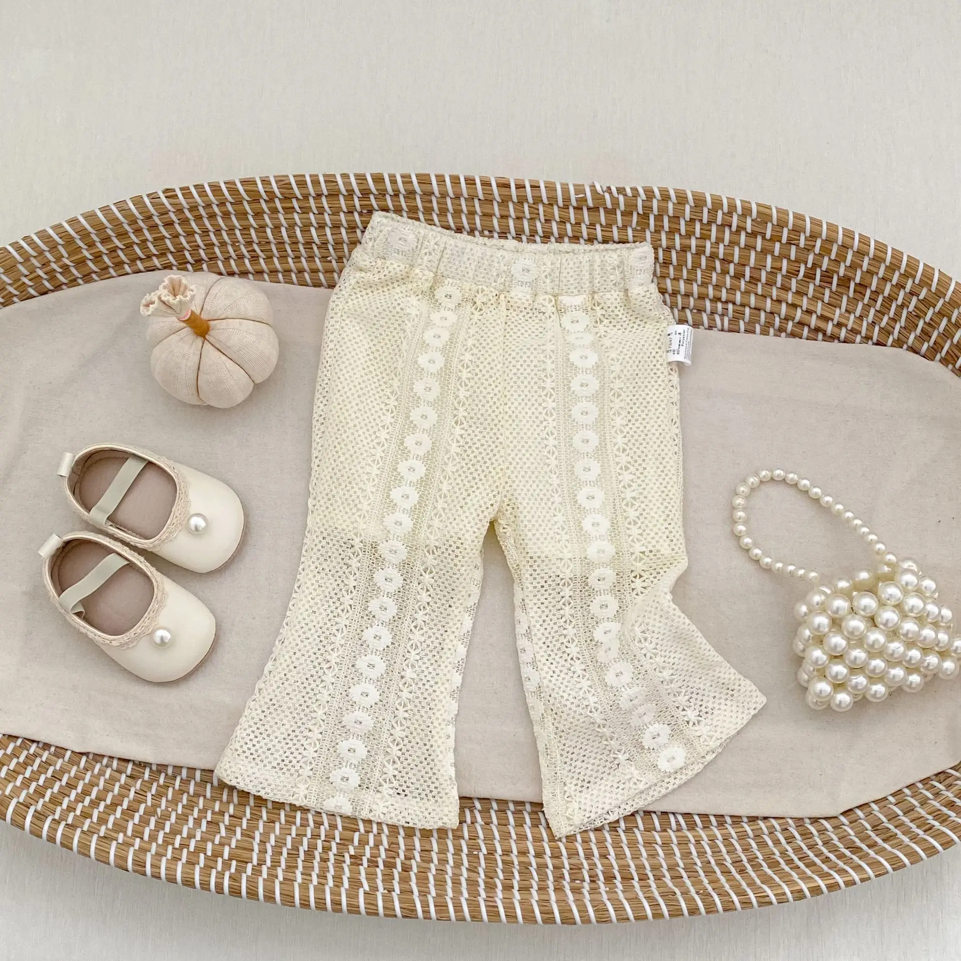 Toddler Girls Summer Hollow Crochet Flare Pants Kids Korean Style Lace Trousers Anti-mosquito Casual Baby Girl Bottoms