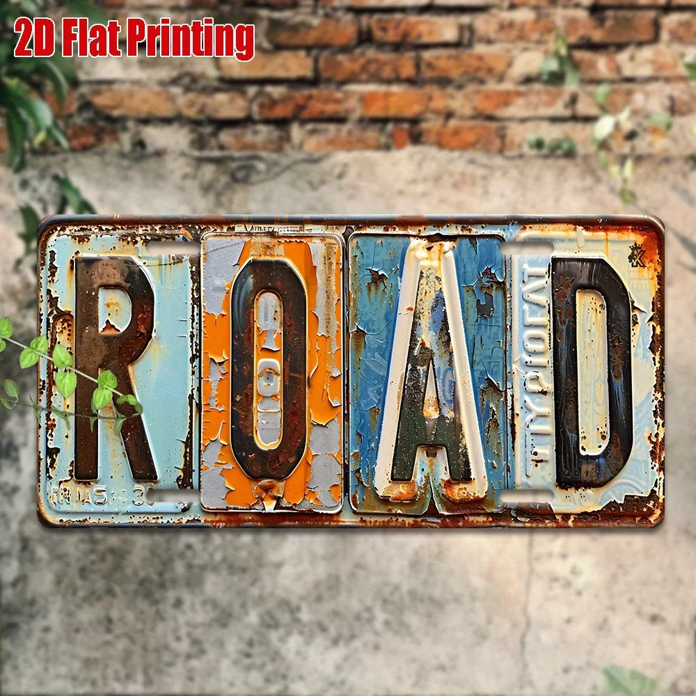 2D Flat, 1pc Vintage ROAD Trip Metal Wall Sign - Retro Road Lettering with Colorful Outdoor/ Decoration, Garage Cafe Art
