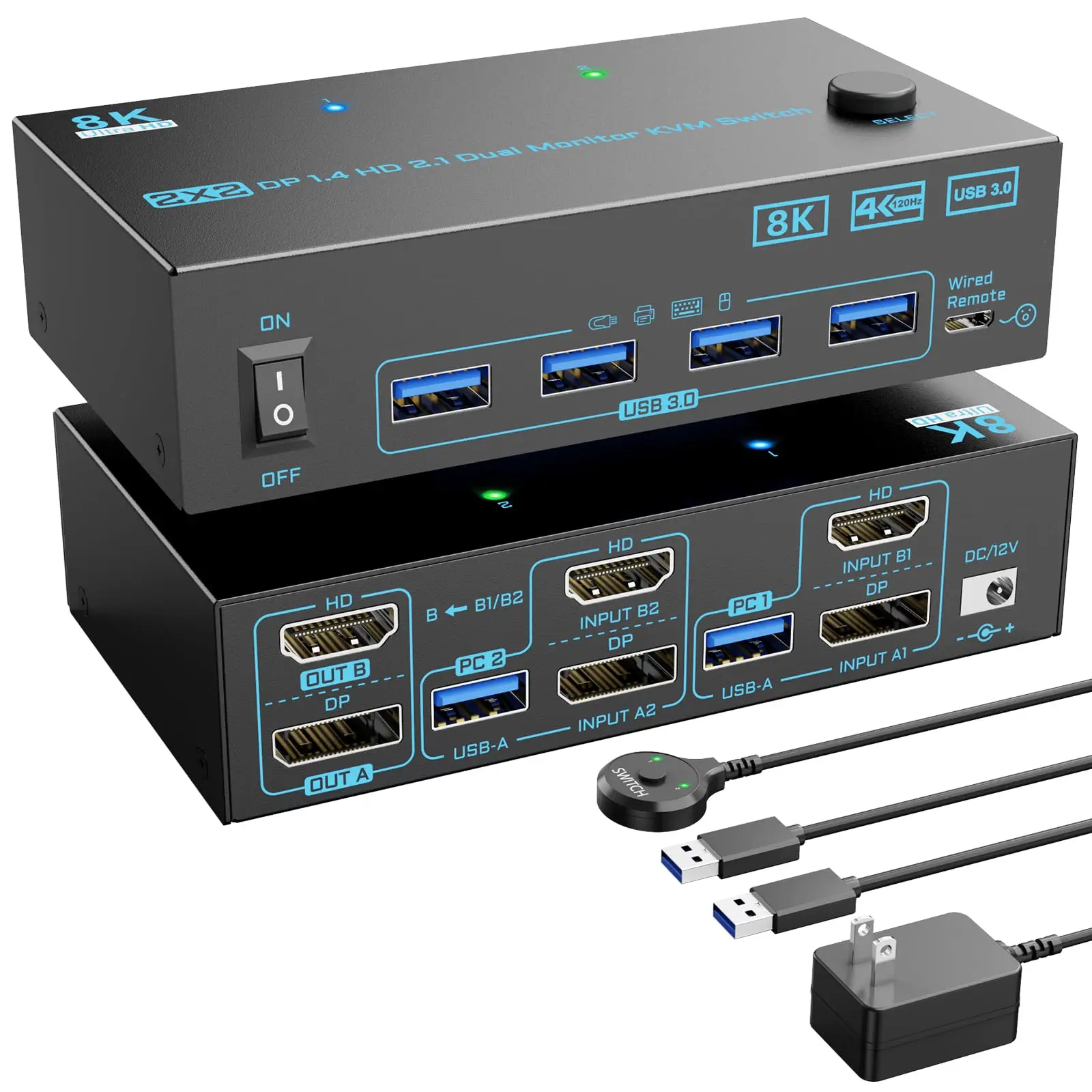 8K Displayport 1.4 + HDMI 2.1 Dual Monitor KVM Switch 2 Monitors 2 Computers 2 in 2 Out 2 Ports KVM Switches, 8K@60Hz/4K@144Hz