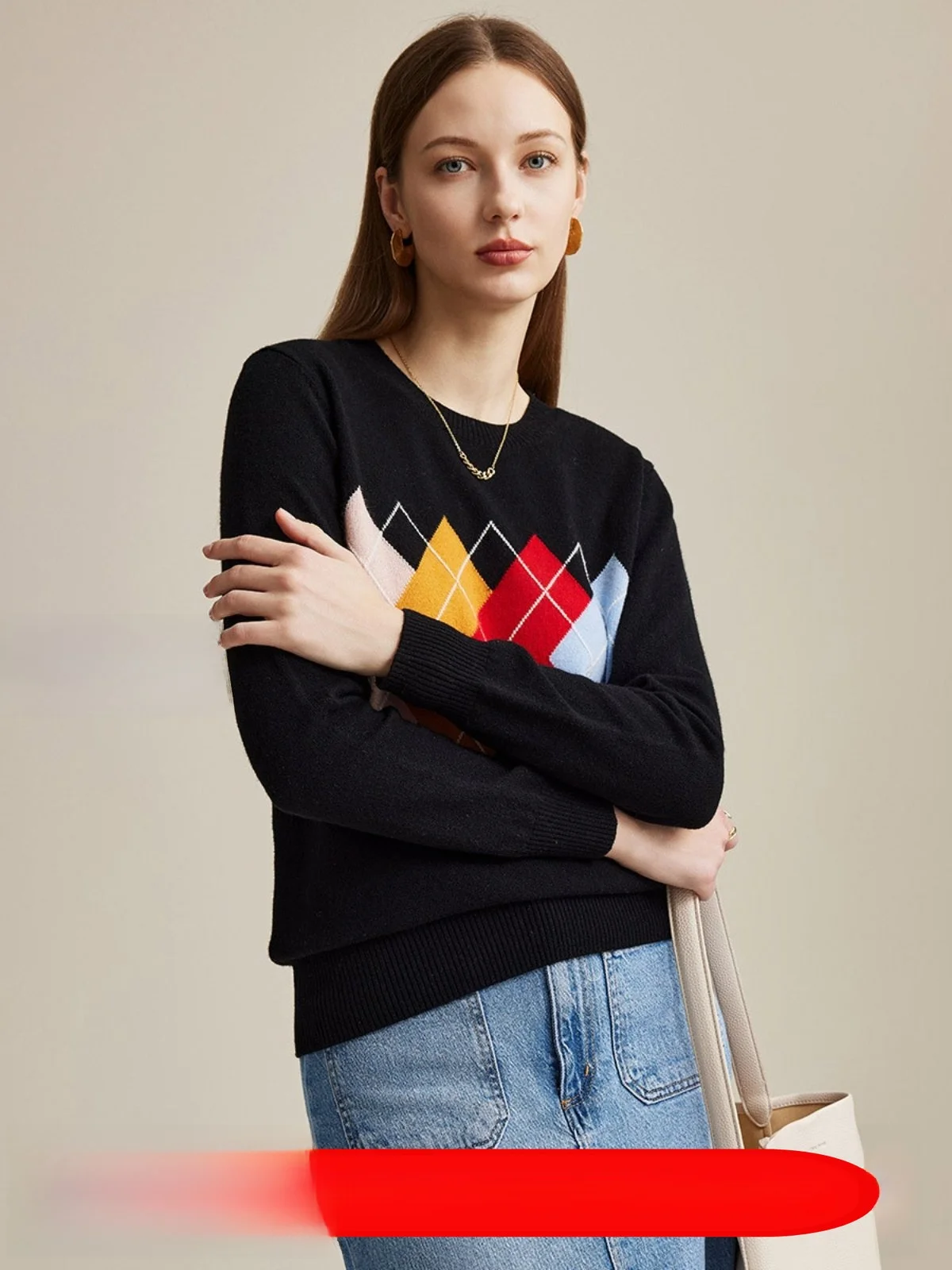 

Женский вязаный свитер Zhaojun из 100% чистой шерсти с длинными рукавами и круглым вырезом, модный шерстяной топ с ромбовидным узором для осени и зимы