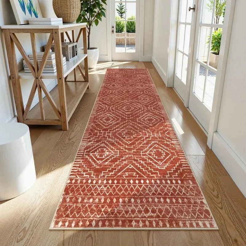 VIKAMA Rust Red Moroccan Runner Rug Distressed Geometric Diamond Print Non Slip Washable Long Mat Hallway Entrance Carpet