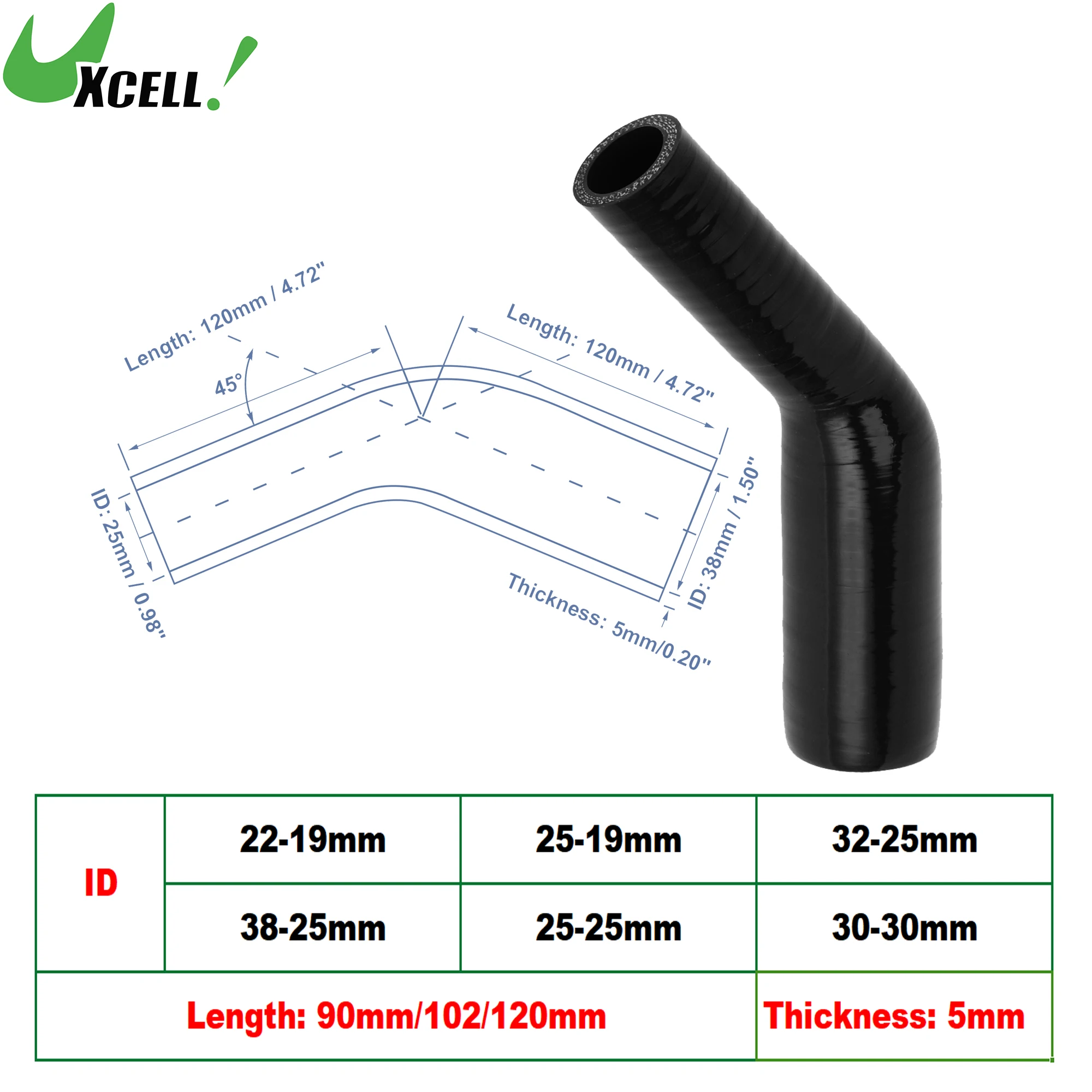 UXCELL 45 Degree 22-19mm 25-19mm 32-25mm 38-25mm 25-25mm 30-30mm ID Silicone Hose Coupler Intercooler Tube 90mm 120mm 120mm Long