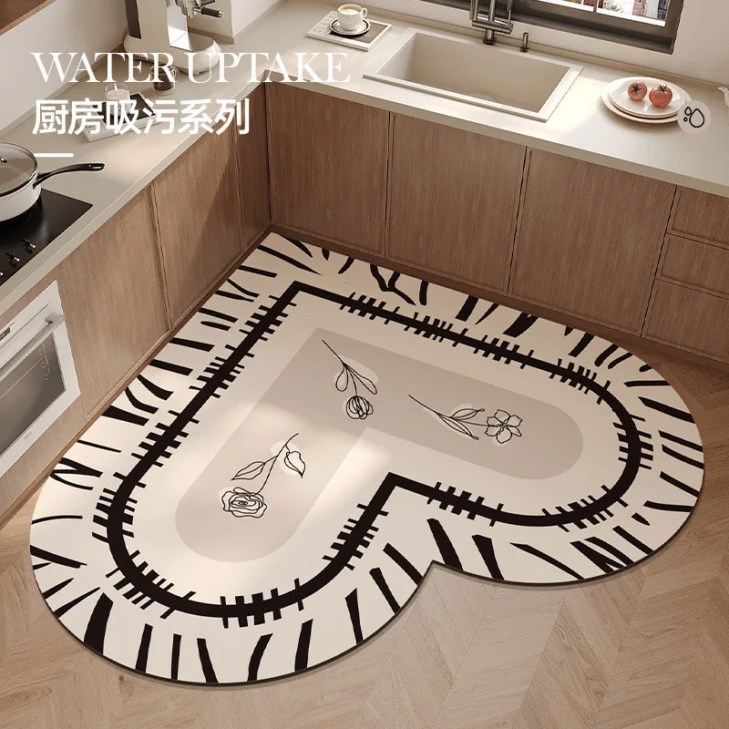VIKAMA 1PC French Light Luxury Heart-Shaped Kitchen Floor Mat With Diatomaceous Mud For Easy Care Waterproof Non-Slip Carpet