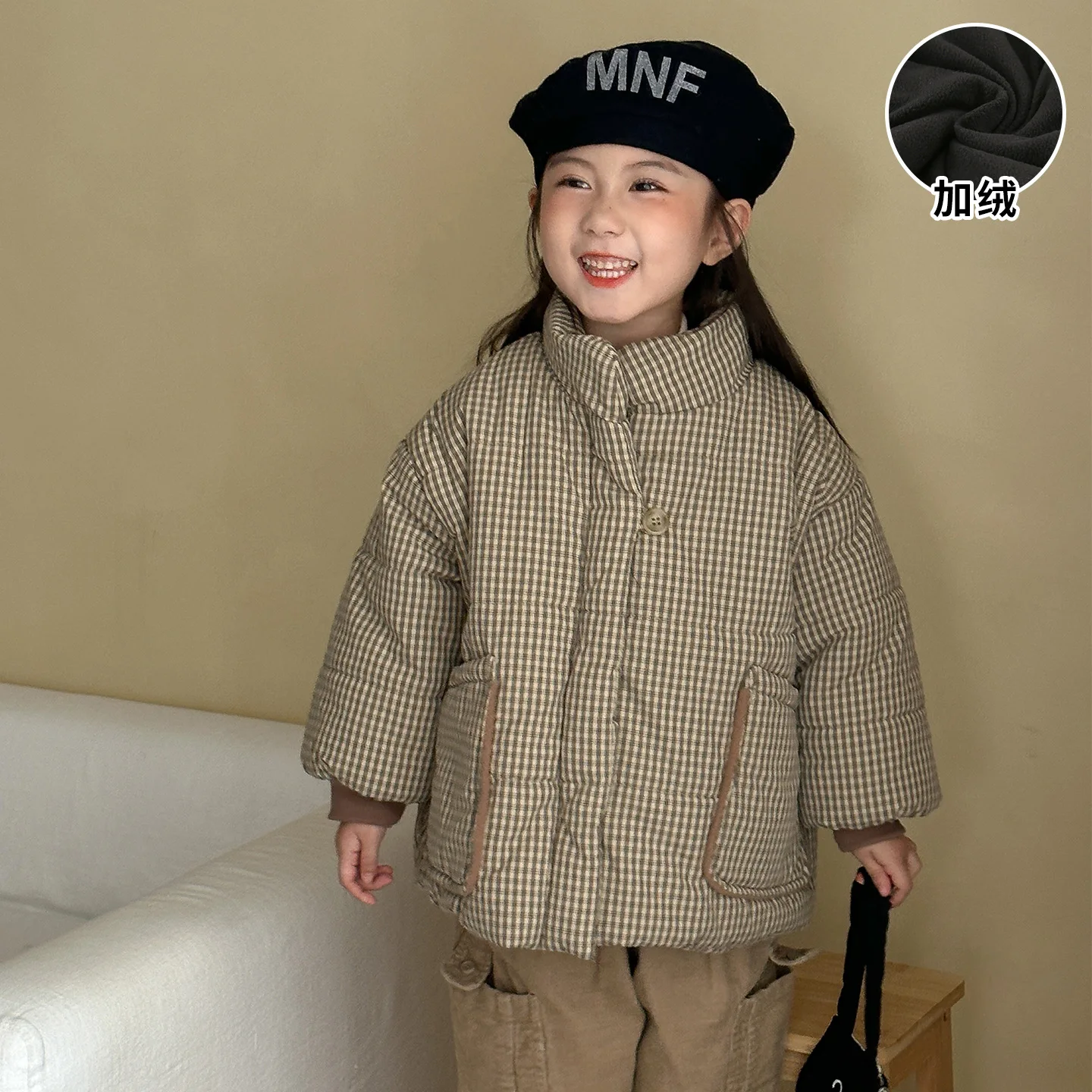 Children's Cotton Jacket with Fleece Grid Pattern for Girls' Winter Clothing, Thickened Boys' Cotton Jacket