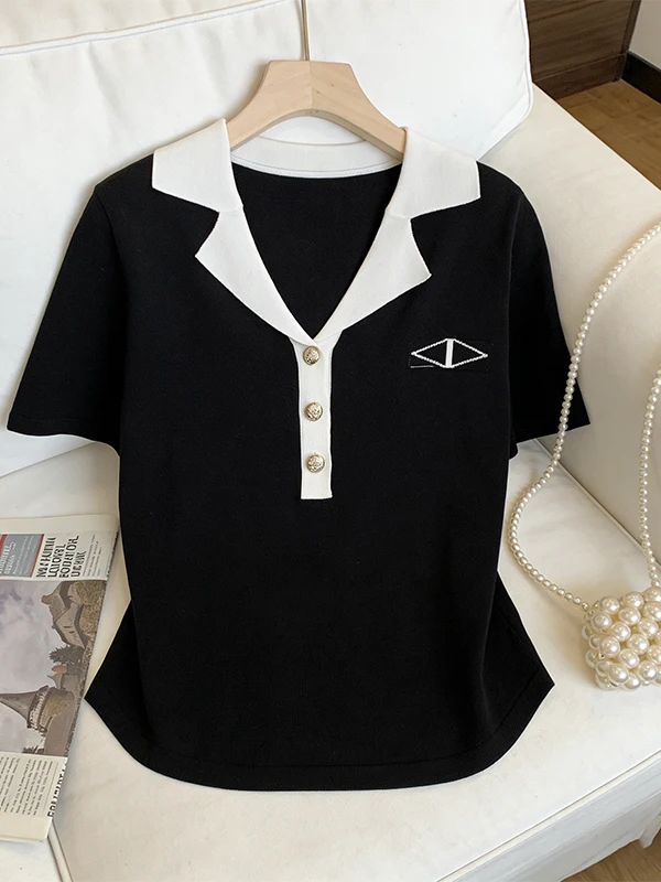 

plus Size Summer New Style Women's T-shirt Ice Silk Knitted Top Flattering Collar Belly Covering Young-looking for plus Size ...