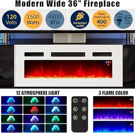 Suporte de TV com lareira branca de 36", luzes LED modernas de alto brilho para centro de entretenimento de lareira de 70"