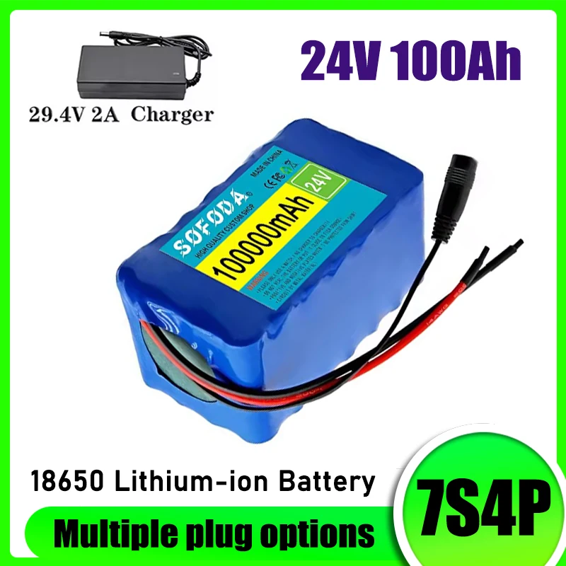 24V 100Ah 7S4P lithium battery pack, 29.4V 2A charger, 18650 lithium-ion battery electric wheelchair battery