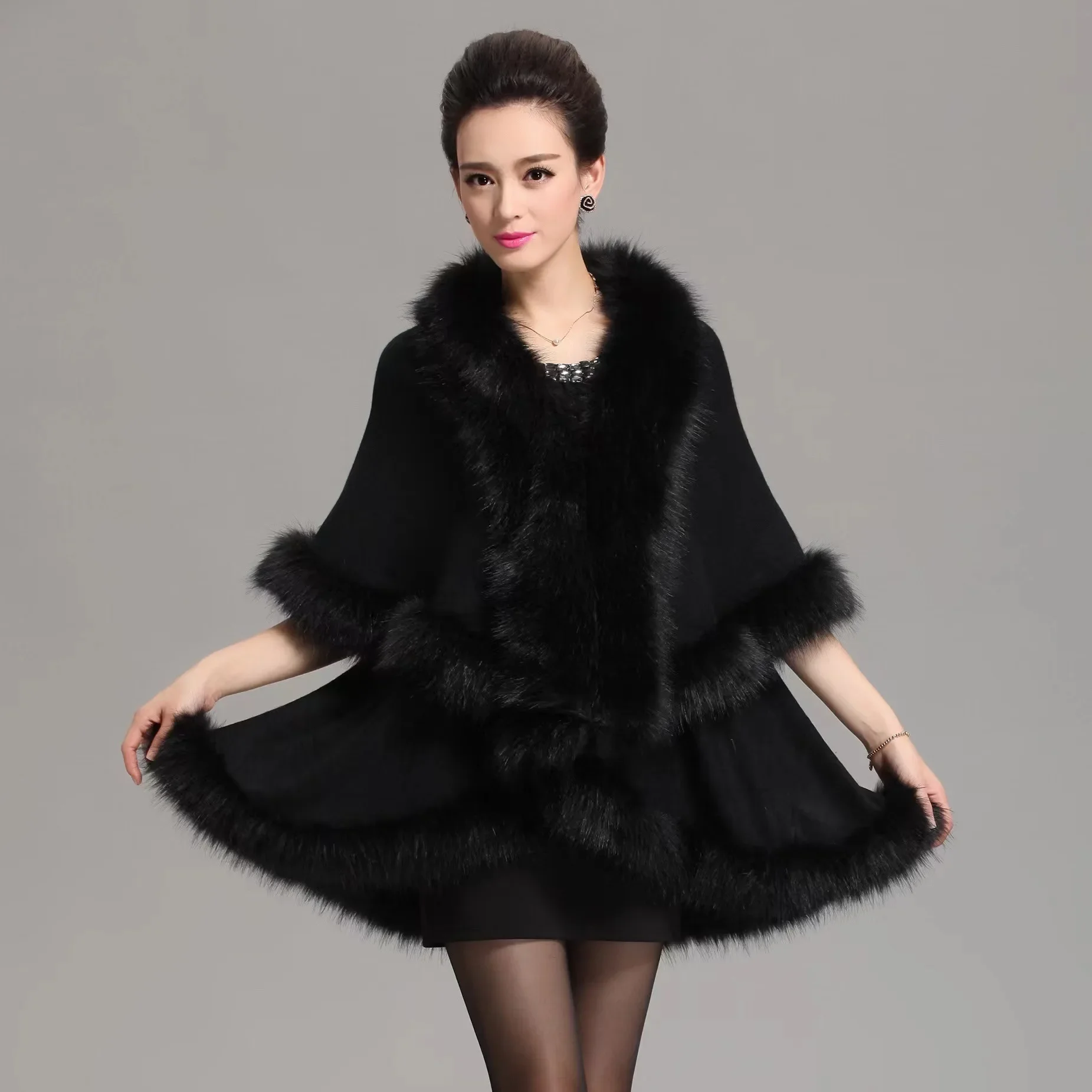 12 Colors Women Faux Fox Fur Collar Oversize Coat Winter Warm Long Knitted 2 Layers Poncho Cape Cashmere Loose Shawl Streetwear