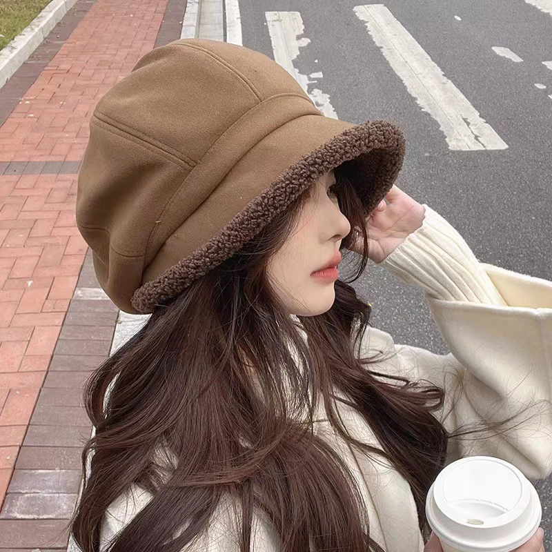 Winter Hats For Women Suede Bucket Hat Plus Velvet Lamb Hair Caps Outdoor Warm Thick Beret Wide Brim Windproof Cap Thick Hats