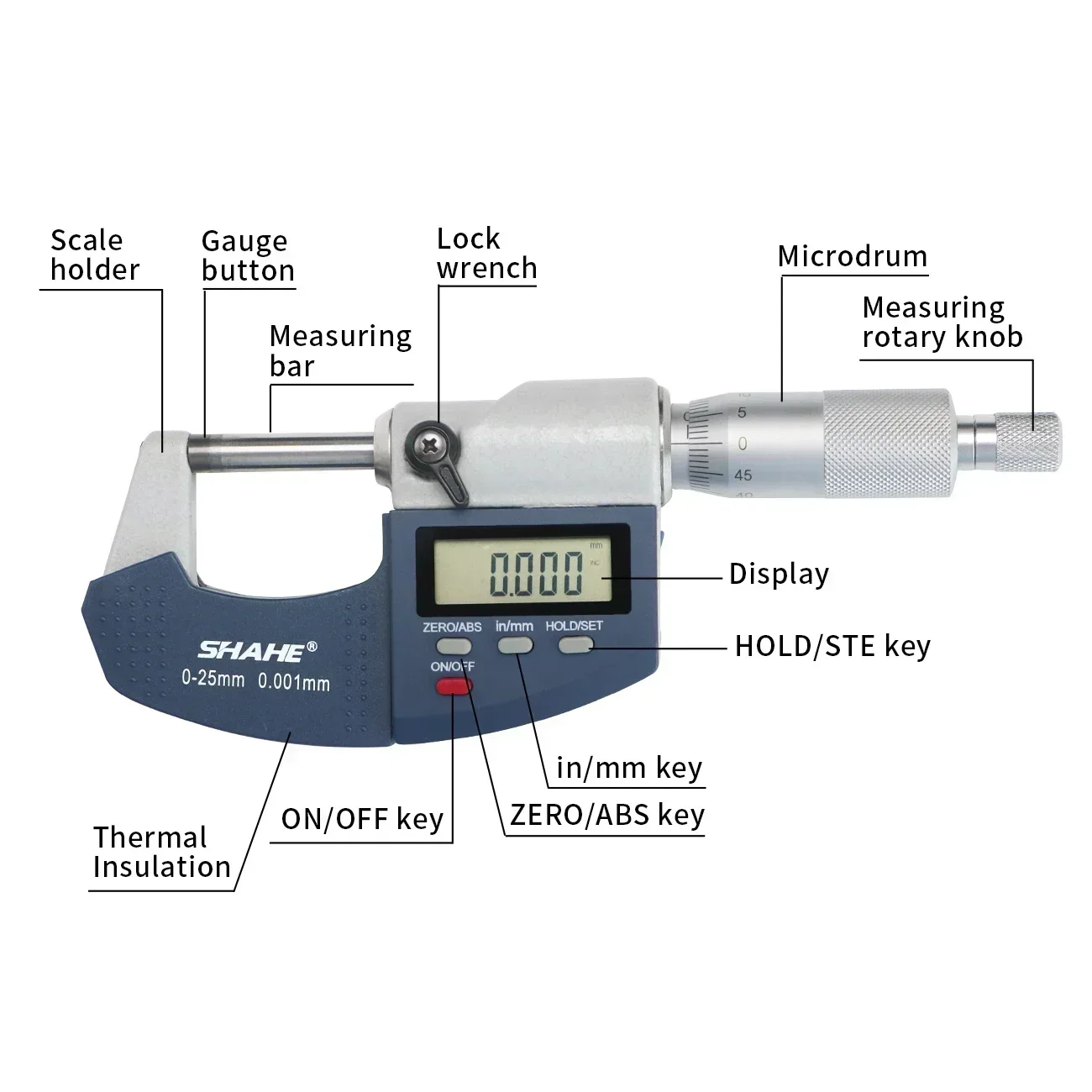 Shahe 0-25 mm Micron Digital Outside Micrometer With Extra Large LCD Screen Electronic Digital Measure Tools