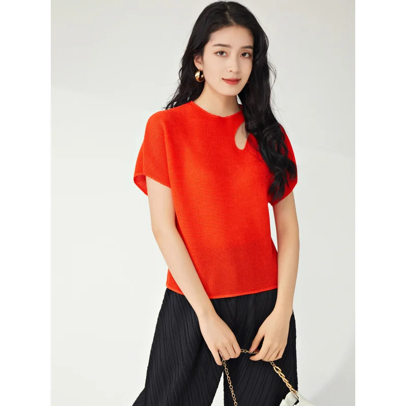 มิยาเกะพรีเมี่ยมสไตล์ฤดูร้อนสีทึบหลวมและเรียบง่ายอเนกประสงค์กระดูกไหปลาร้าบุคลิกภาพเสื้อยืดด้านบน [24716zsj-1048C]