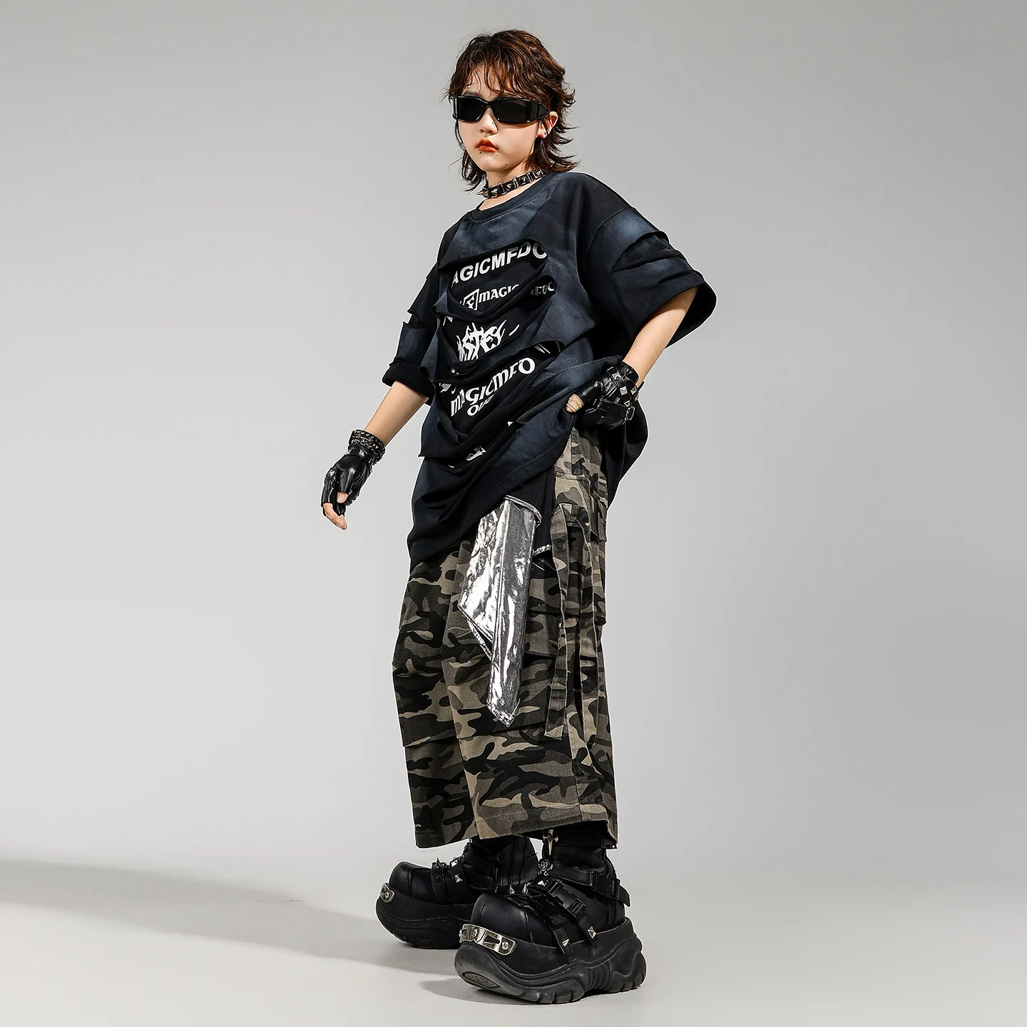 الأطفال ملابس فضفاضة تي شيرت السراويل التمويه Kpop وتتسابق للبنين أزياء رقص الجاز الفتيات الهيب هوب الهذيان الملابس DQS20110