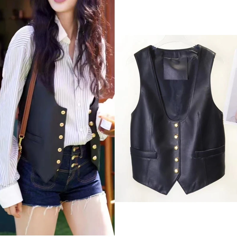 Genuine Leather Vest for Women Autumn Deep V-neck Single Breasted Black Gilet Mujer Leisure Easy Matching Colete Streetwear