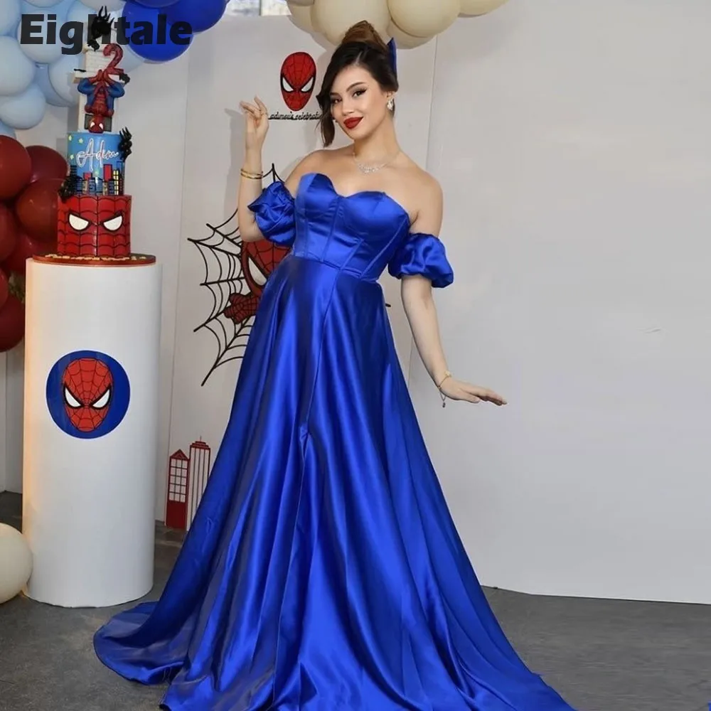 Eightale ROYAL BLUE ชุดราตรีที่กําหนดเองปิดไหล่แขนสั้น A-Line ซาตินชุดราตรีชุดแต่งงาน