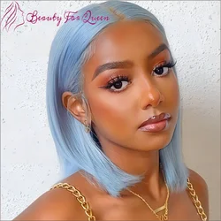 Perruque Bob Lace Front Wig Remy Brésilienne Naturelle Lisse, Cheveux Courts, Bleu, Pre-Plucked, Densité 180%, pour Femme