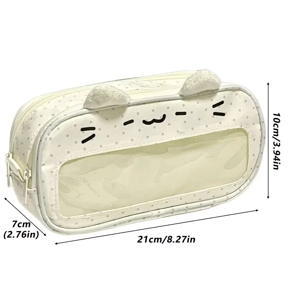 New Portable Large Capacity Student Stationery Bag Cute Polka Dot Cat Ear Clear Window Pencil Case Multifunctional Storage Bag
