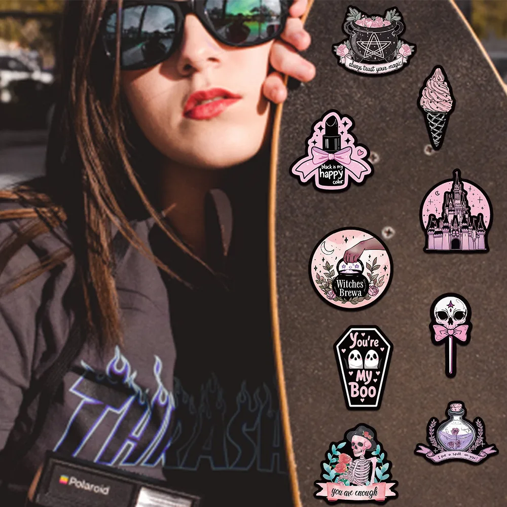 50PCS Pink and Black Gothic Waterproof Graffiti Stickers for Helmet Bicycle Hand Account Pencil Case Decals - view 5