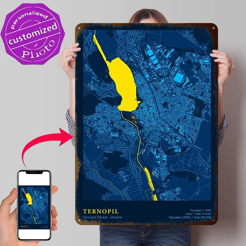 Ternopil Home and Decoration Gaming Ukraine City Map Personalized 3D Textured Metal Poster Wall Art Vintage Tin Signs for House