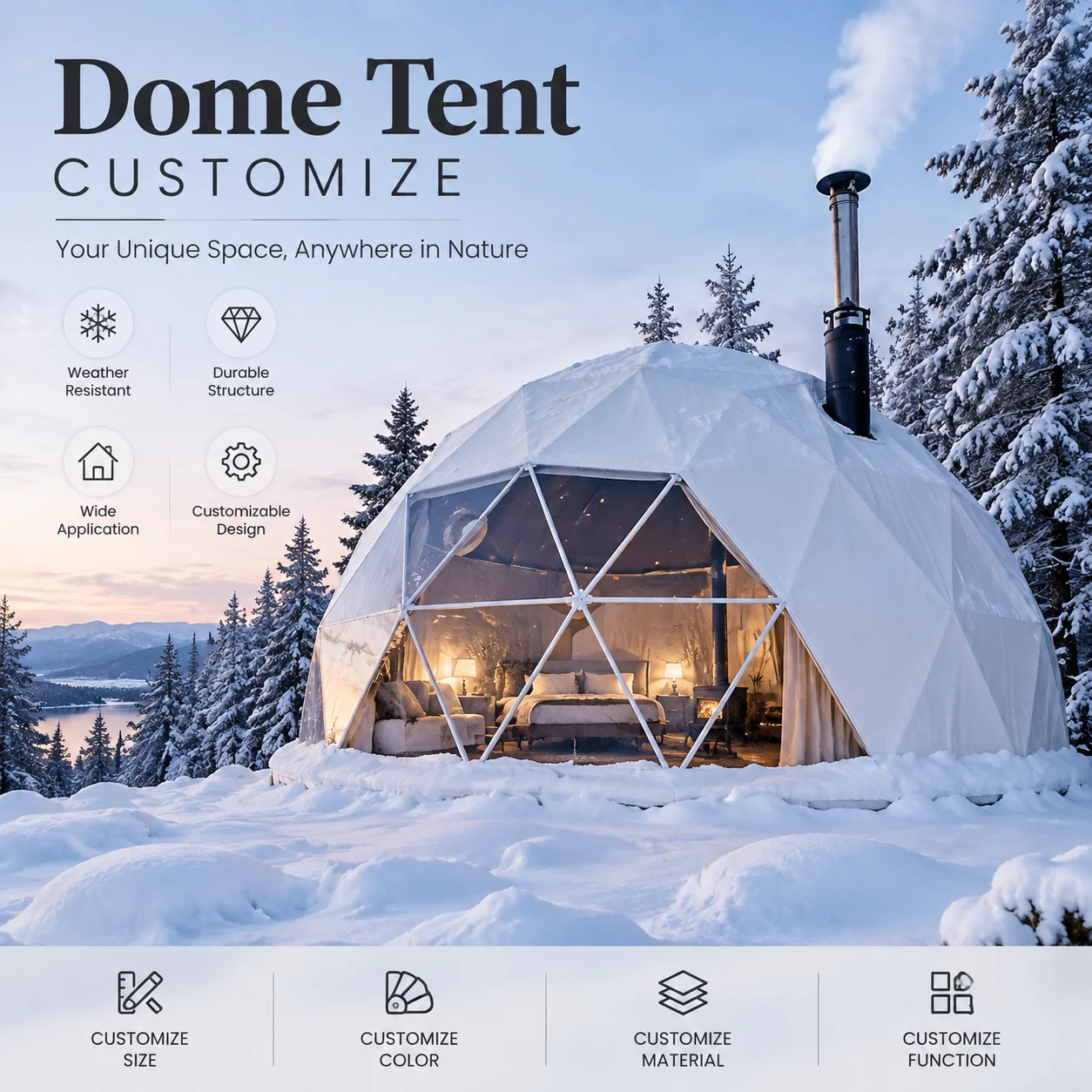 Luxury Geodesic Starry Sky Dome Tent, Mongolian Glamping Shelter for Resort Campsite Hotel Outdoor Accommodation
