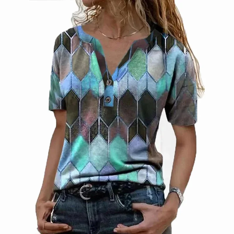 Cross-border 2024 women's T-shirt summer short-sleeved fashion printed contrast color V-neck bottoming shirt top for women