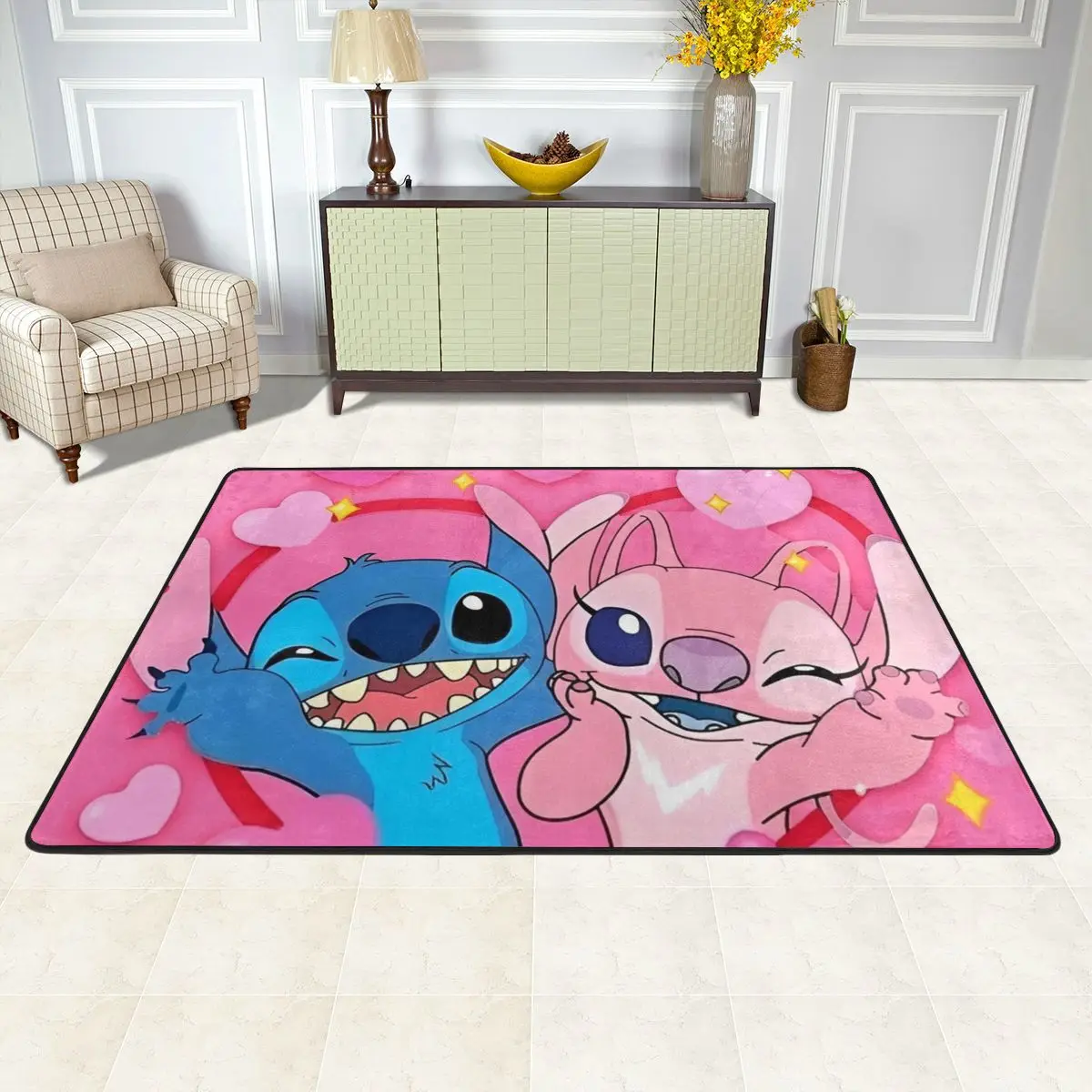 MINISO Stitch And Angel Carpet For Living Room Bedroom Bedside Vintage Protective Floor Carpets Non-slip Custom Rug