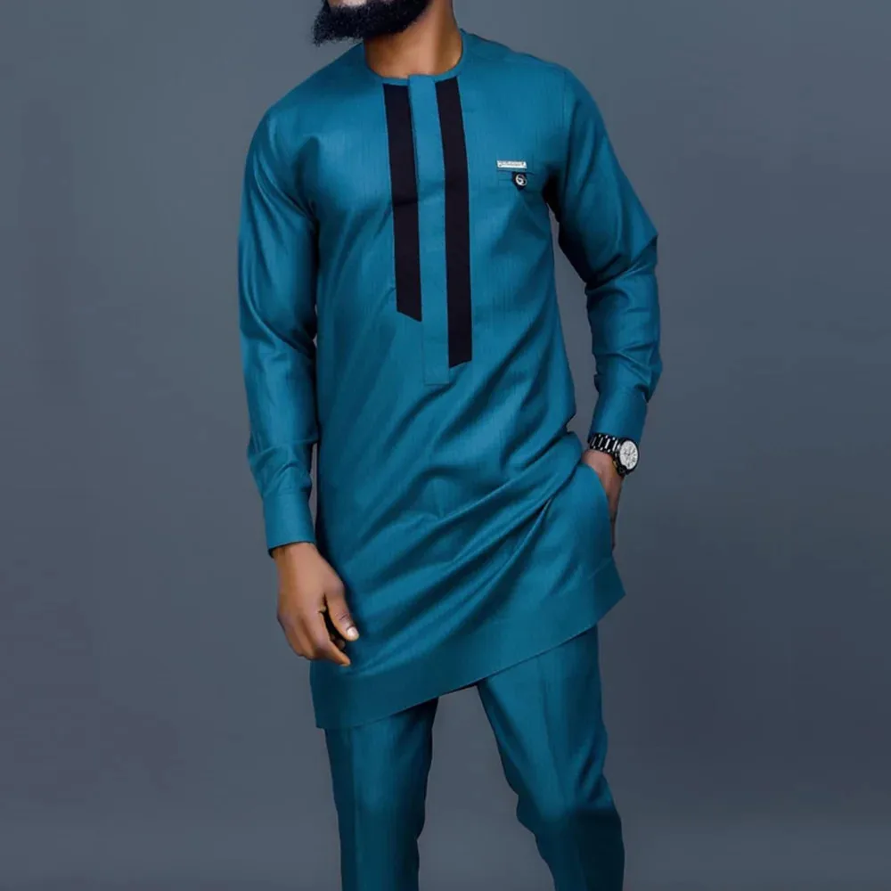 الصيف الرجال الأفريقيات التقليدية الأنيقة الدعاوى الزي Dashiki 2 قطعة قميص وسراويل مجموعة كاملة مصمم الملابس عباية العلامة التجارية زي