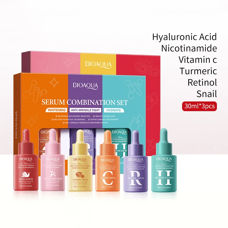 Conjunto de 3 Peças BIOAQUA Sérum de Vitamina C, Retinol e Ácido Hialurônico, Hidratante Facial Anti-idade e Clareador, Produtos para Cuidados com a P