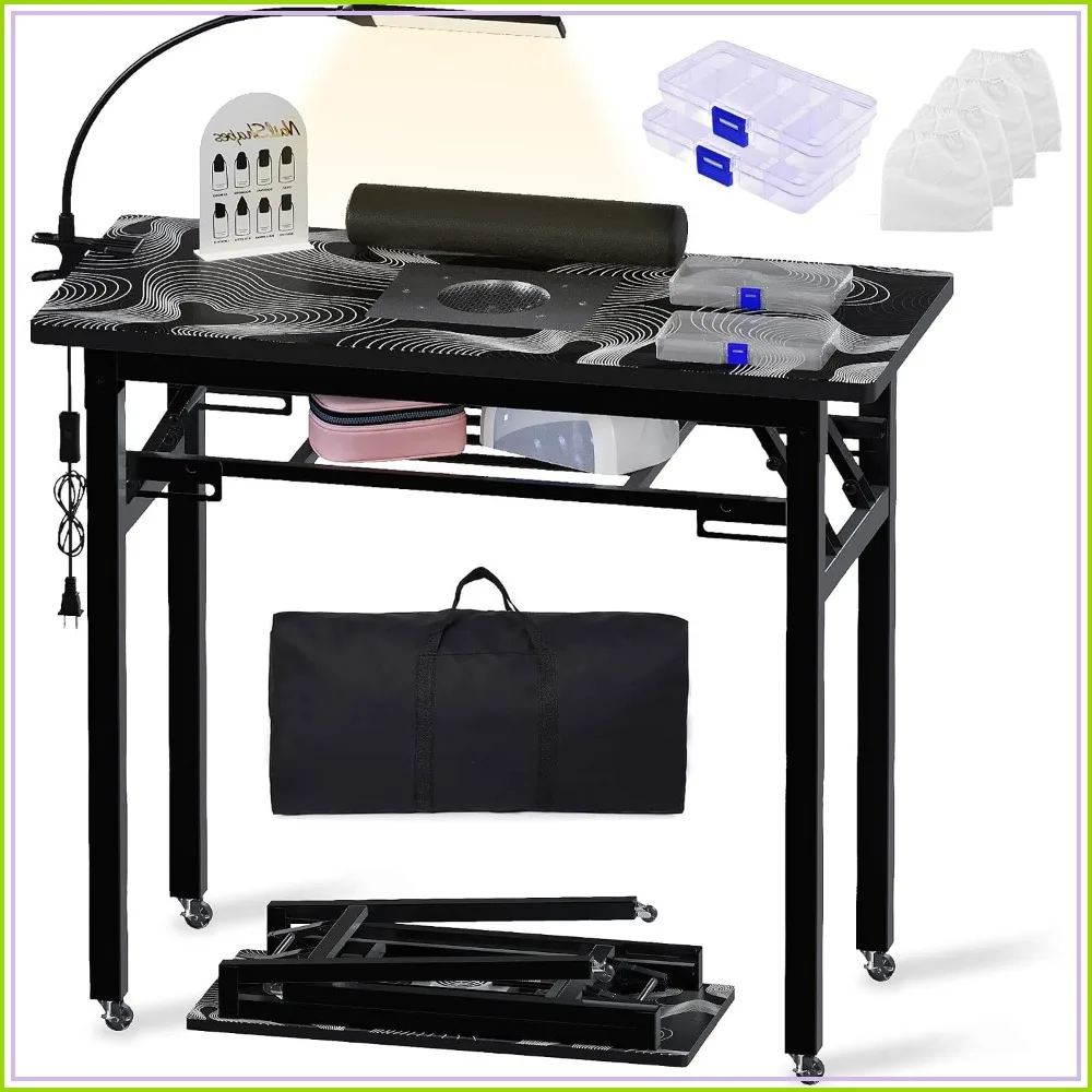 Foldable Manicure Table with Dust Collector, Rolling Nail Desk, LED Lamp, Lockable Wheels