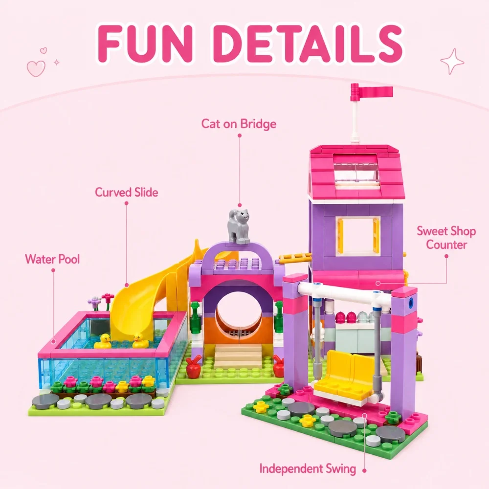 2026 Creative Girls Playground Building Blocks Set with Slide Swing Pool Playhouse DIY Amusement Park Bricks Kids Gift 368pcs