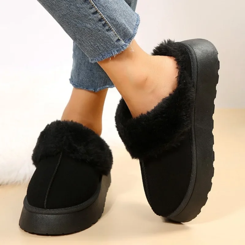 Winter Fur Snow Slipper Women Korean Simple Platform Slippers Long Plush Warm Soft Indoor Thick Sole Footwear Cotten Shoes