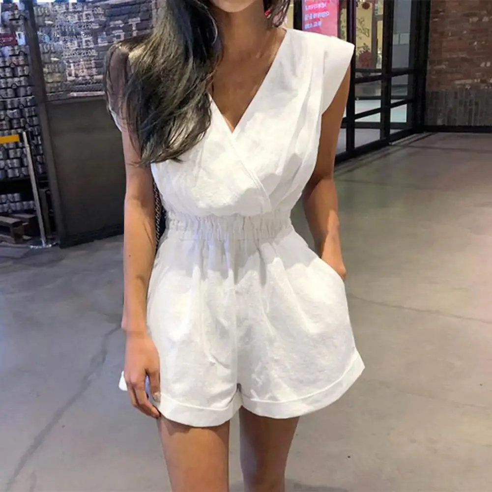Rompers Comfortable Short Rompers V-neck Colorful  Washable Summer V Collar Sleeve-less Shorts Jumpsuits