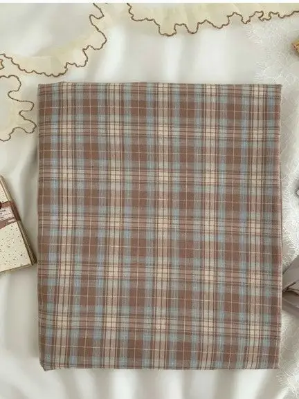 Handmade DIY Plaid Cotton Fabric for Clothing Bags Hair Accessories And Hair Ties Retro Caramel Blue Checkered Pattern