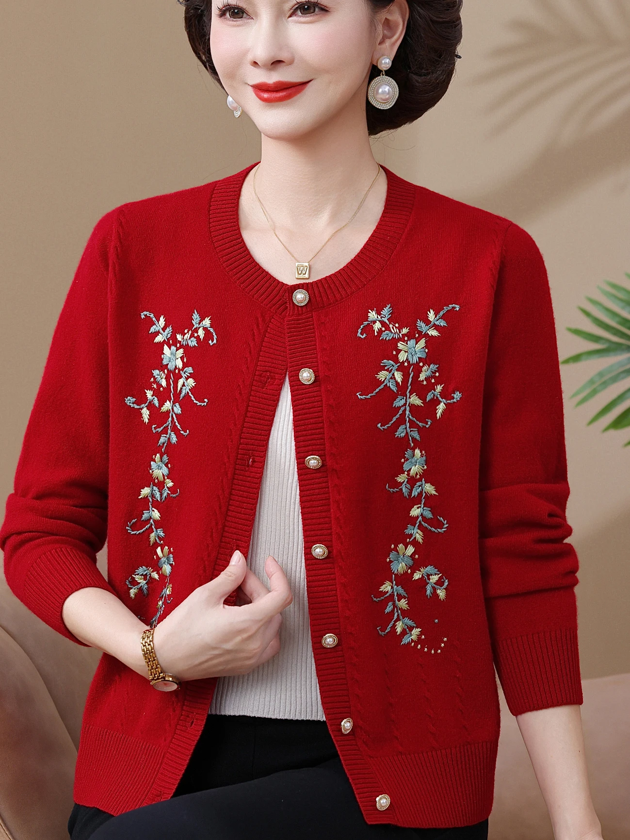 

Модный трикотаж с вышивкой, топ, полный хлопковый шерстяной кардиган для женщин среднего возраста и ли, дышащий повседневный свободный крой