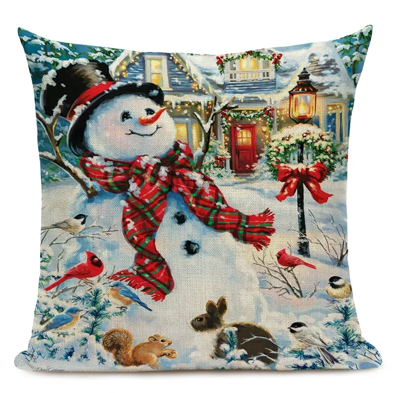 Fundas de cojín de Feliz Navidad, 45x45cm, funda de almohada con estampado de muñeco de nieve y Papá Noel, funda de almohada