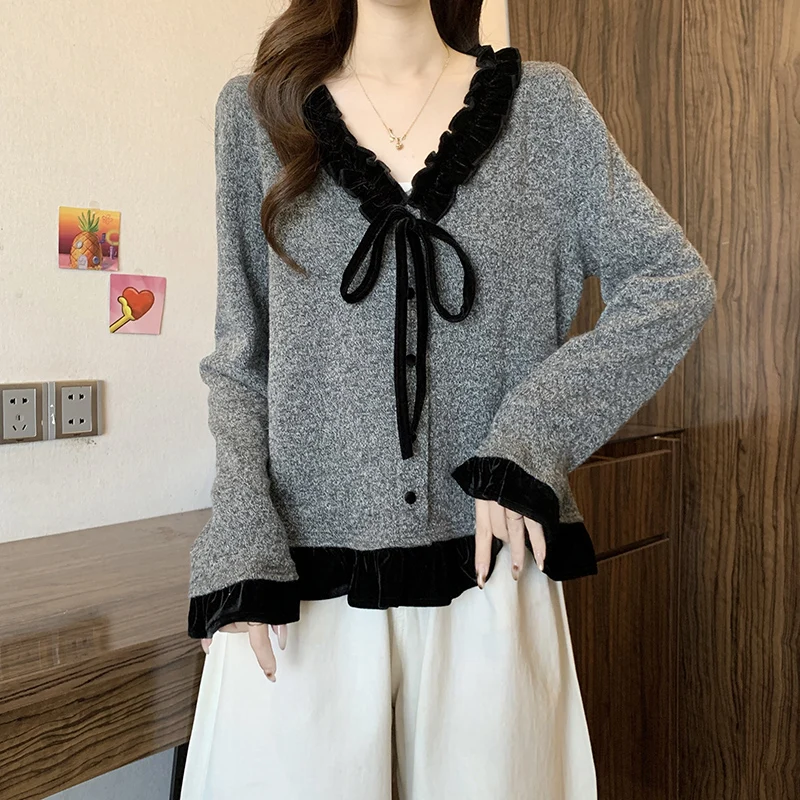 النمط الفرنسي موضة القوس سترة برقبة على شكل v 2025 المرأة الخريف جديد ريترو المخملية تقسم الكشكشة كم طويل البلوفرات تنوعا #5