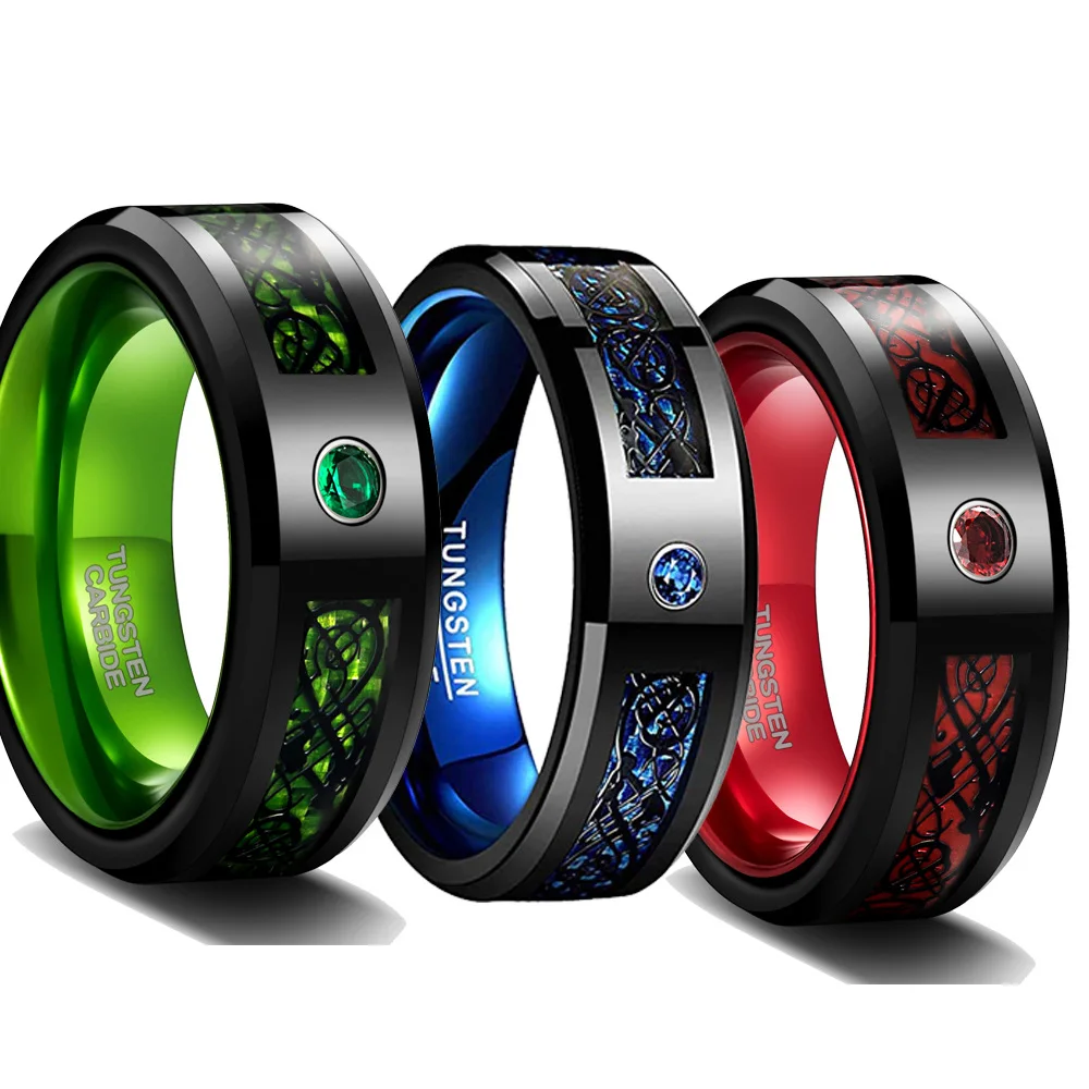 

Chic Men's Jewelry Nibelung Black Dragon Red Green Carbon Fiber 8mm Wide Tungsten Steel Ring Zircon Eternity Ring